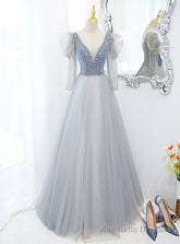 Blue Tulle Long Sleeve V-neck Beading Prom Dress